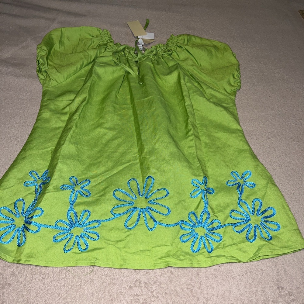 NWT~XL~"Appraisal" Green Linen Peasant Blouse